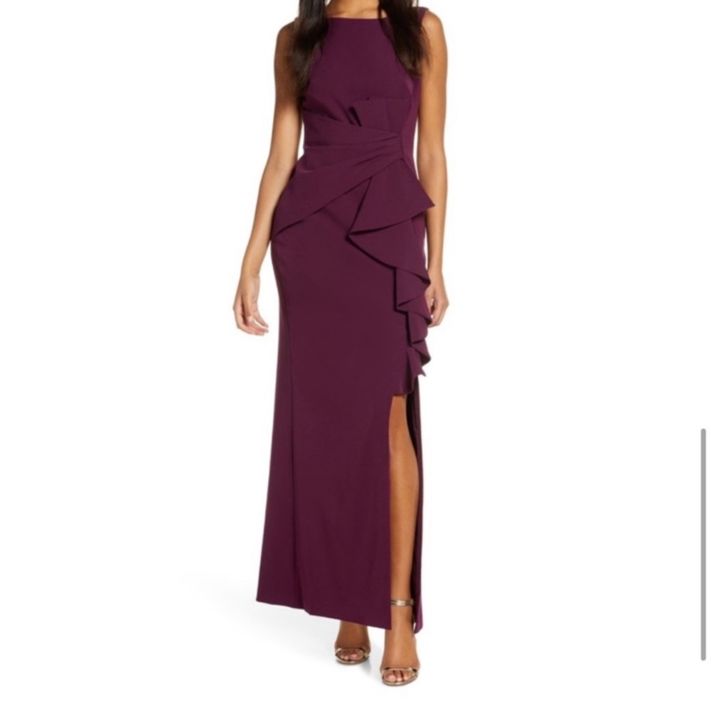 ELIZA J Cascading Ruffle Front Gown              Size 2 Wine Burgundy Dress
